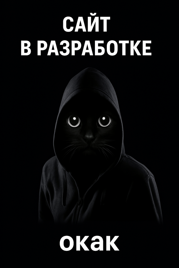 Кот в капюшоне с подписью «окак». Сайт в разработке.